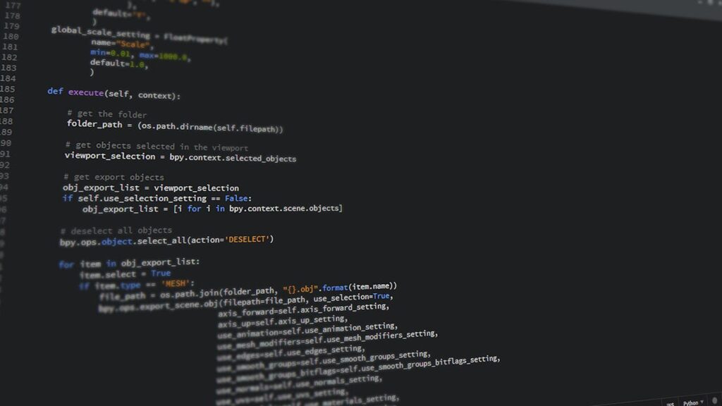 Close-up view of Python code on a computer screen, reflecting software development and programming.